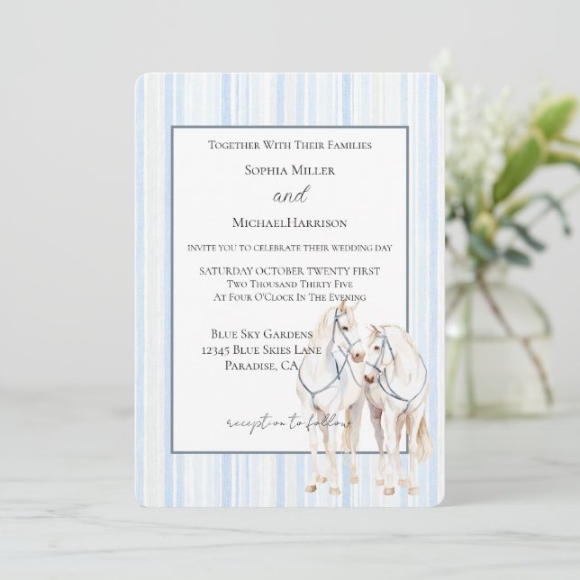 Convites Casamento Listras Cavalos Brancos Azul Bebê (Em pé/Frente)