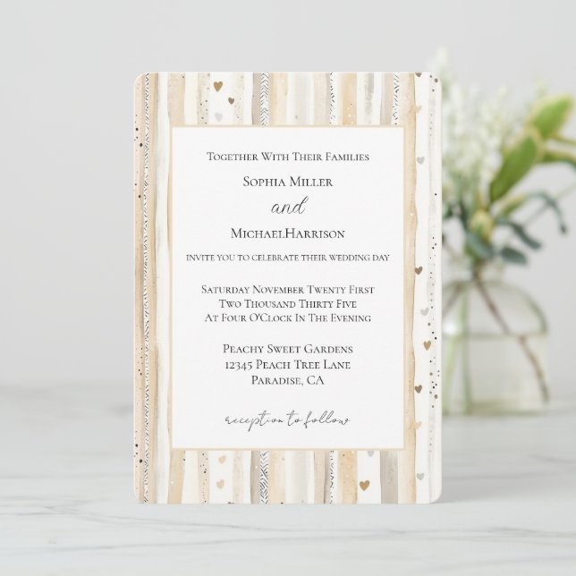 Convites Casamento Listras Corações Branco Creme (Em pé/Frente)