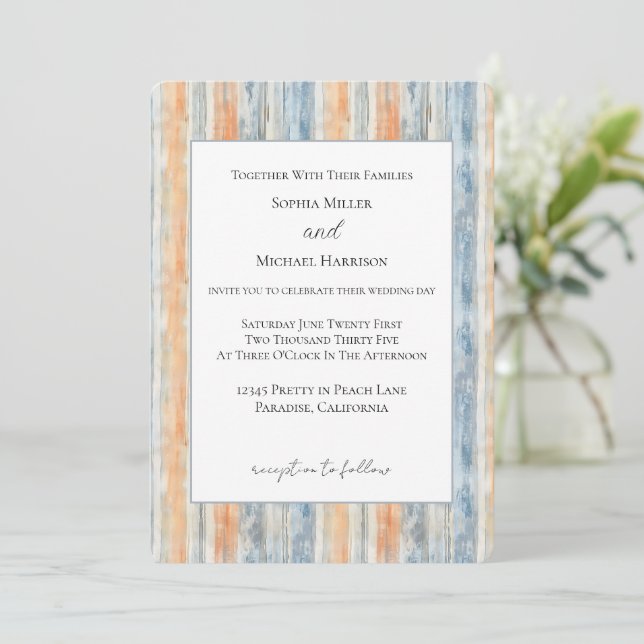 Convites Casamento Listras Creme Pêssego Azul (Em pé/Frente)
