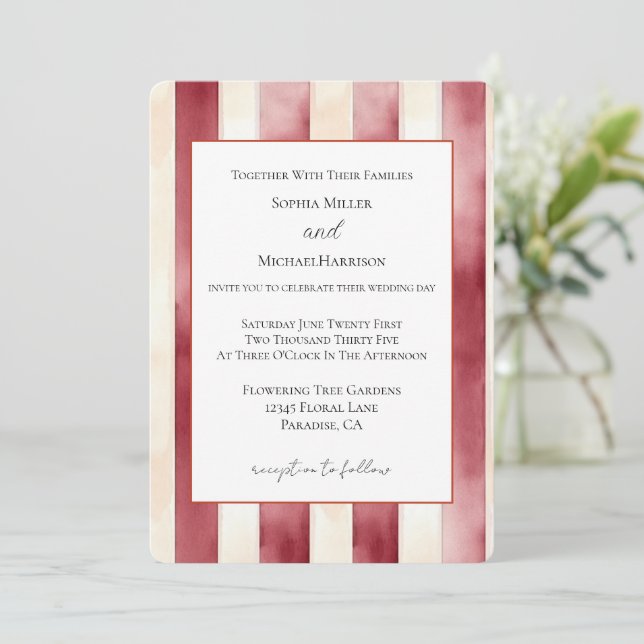 Convites Casamento Listras Creme Vermelho Borgonha (Em pé/Frente)