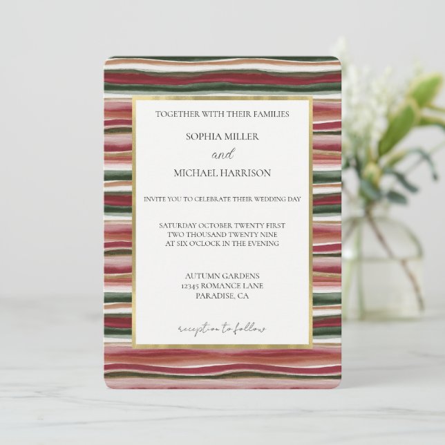 Convites Casamento Listras Douradas Rosa Bege Verde Vermelh (Em pé/Frente)