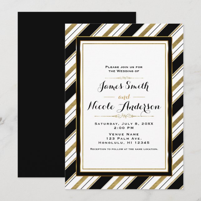 Convites Casamento Listras Horizontais Chic Preto Branco &  (Frente/Verso)