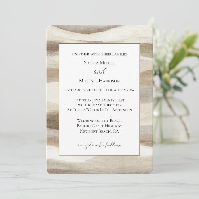 Convites Casamento Listras Onduladas Marrom Creme (Em pé/Frente)