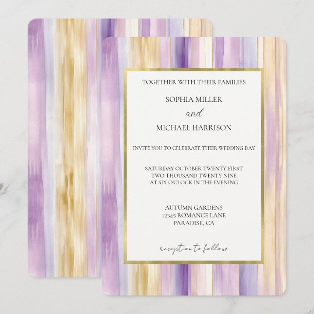 Convites Casamento Listras Roxo Lavanda Dourado (Frente/Verso)