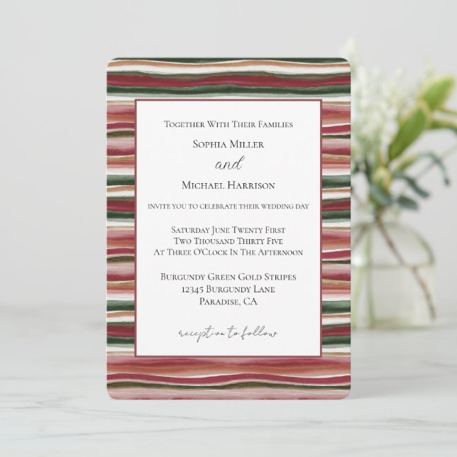 Convites Casamento Listras Vermelhas Bege Burgundy Verde Do (Em pé/Frente)