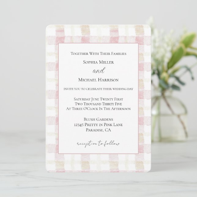 Convites Casamento Listras Xadrez Rosa Bege Branco Blush (Em pé/Frente)