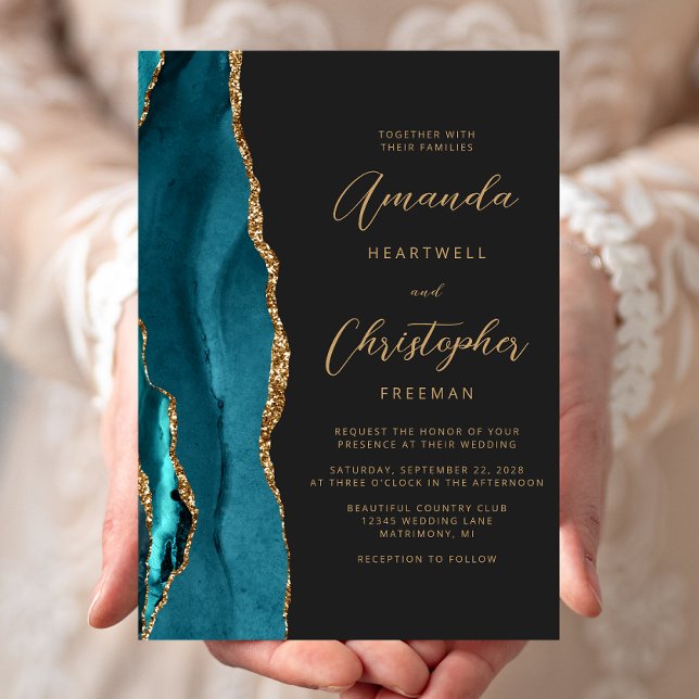 Convites Casamento Lousa Script Dourado Ágata Azul Turquesa (Criador carregado)