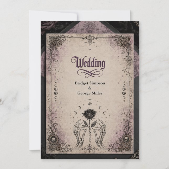 Convites Casamento Lua Caveira Rosa Gótica Medieval (Frente)