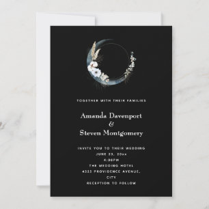Convites Casamento Lua Crescente Azul com Flores Brancas