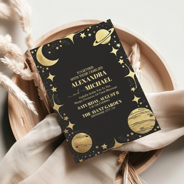 Convites Casamento Lua Crescente Dourada Celestial (Criador carregado)