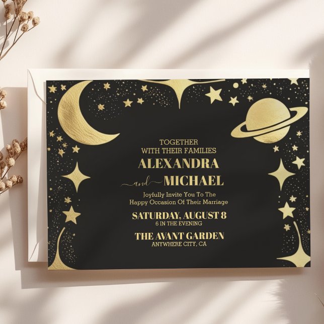 Convites Casamento Lua Crescente Preto Celestial Dourado (Criador carregado)