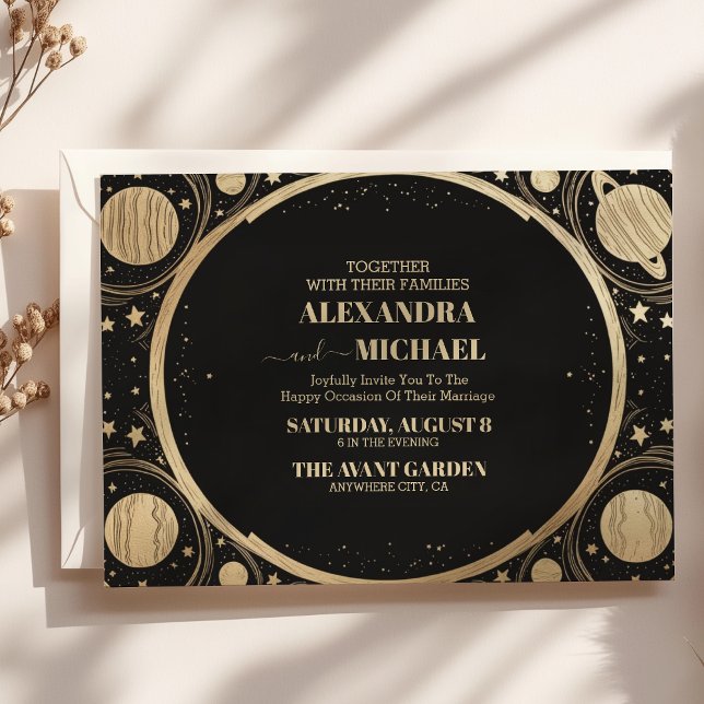Convites Casamento Lua Crescente Preto Celestial Dourado (Criador carregado)