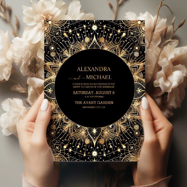 Convites Casamento Lua Crescente Preto Meia-Noite Celestial (Criador carregado)
