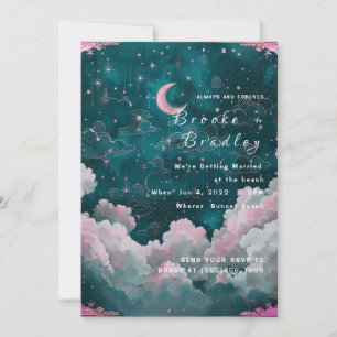 Convites Casamento Lua e Estrelas Sonhadoras em Turquesa