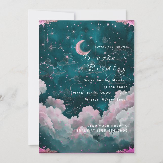 Convites Casamento Lua e Estrelas Sonhadoras em Turquesa (Frente)
