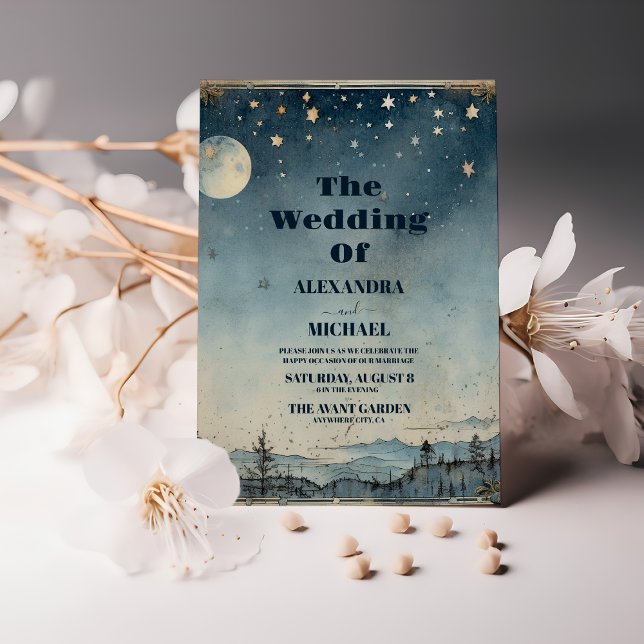 Convites Casamento Lua Sol Azul Místico Vintage (Criador carregado)