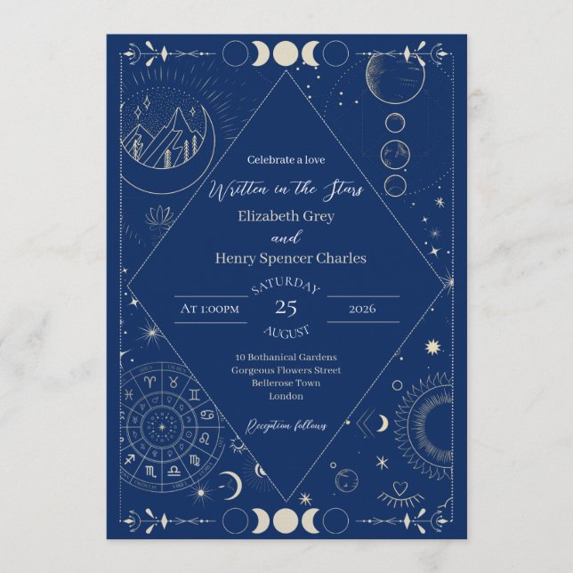 Convites Casamento lua sol estrelas constelações (Frente)