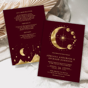 Convites Casamento Luar Celestial Borgonha Dourado
