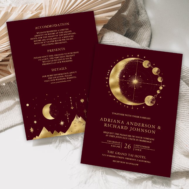 Convites Casamento Luar Celestial Borgonha Dourado (Criador carregado)