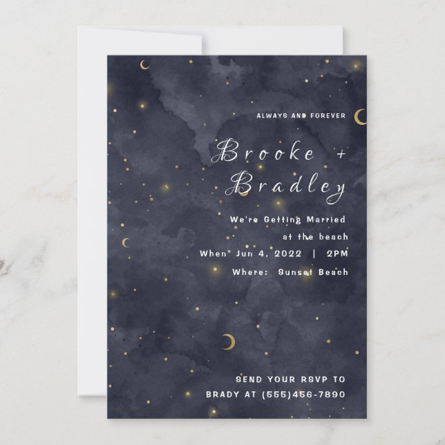 Convites Casamento Luas e Estrelas Meia-Noite Escuras (Frente)
