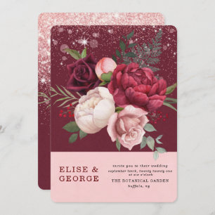Convites Casamento Luminoso de Luxo Burgundy Blush Pink Peo