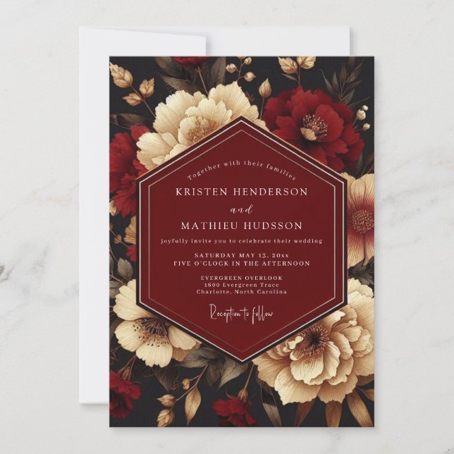 Convites Casamento Luminoso em Marrom-Vinho e Marfim (Frente)