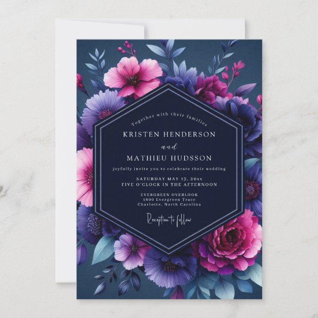 Convites Casamento Luminoso Magenta Marinho (Frente)