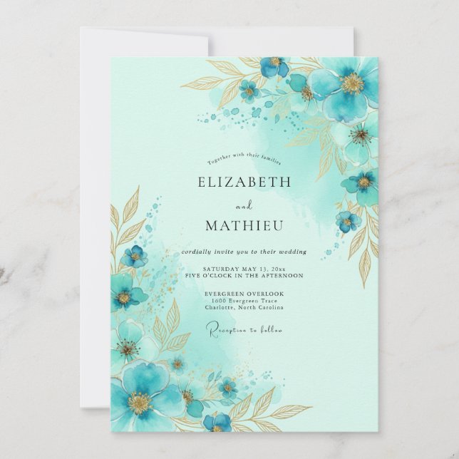 Convites Casamento Luminoso Teal à Beira-Mar (Frente)