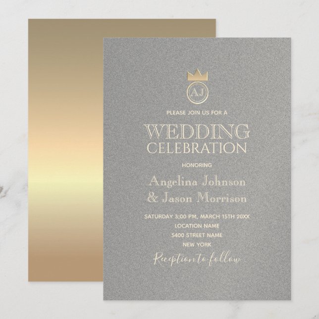 Convites Casamento Luxo Monograma Prata e Ouro (Frente/Verso)