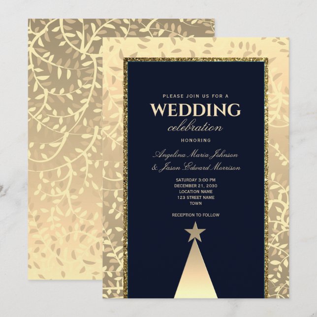Convites Casamento Luxo Natal Ouro Azul Marinho (Frente/Verso)