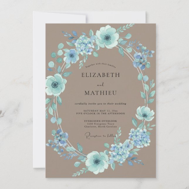 Convites Casamento Luxo Taupe Aqua Pétala (Frente)
