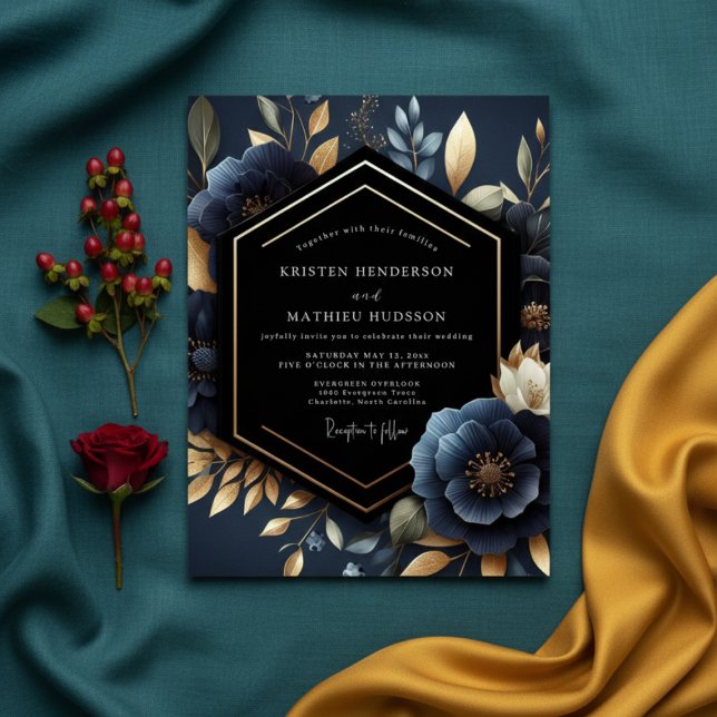 Convites Casamento Luxuoso com Floral Azul-Marinho Profundo (Criador carregado)