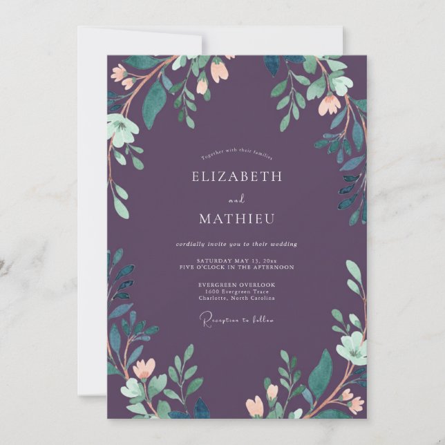 Convites Casamento Luxuoso com Folhas de Ameixa Profunda (Frente)