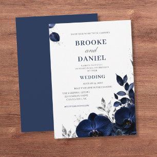 Convites Casamento Luxuoso com Orquídea Navy e Brilho Prate