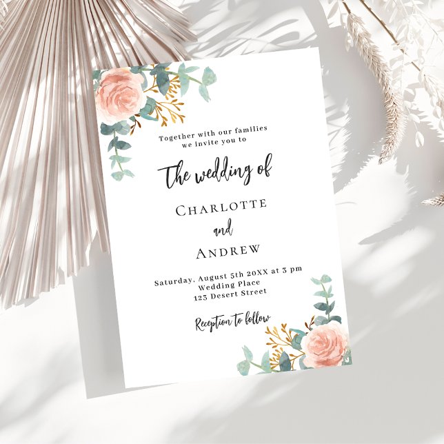 Convites Casamento luxuoso com rosas douradas florais (Criador carregado)