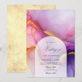 Convites Casamento Luxuoso com Tinta Flutuante Roxa e Doura