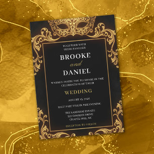 Convites Casamento Luxuoso de Mascarada Preto e Dourado