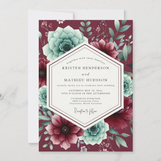 Convites Casamento Luxuoso de Suculentas Borgonha (Frente)
