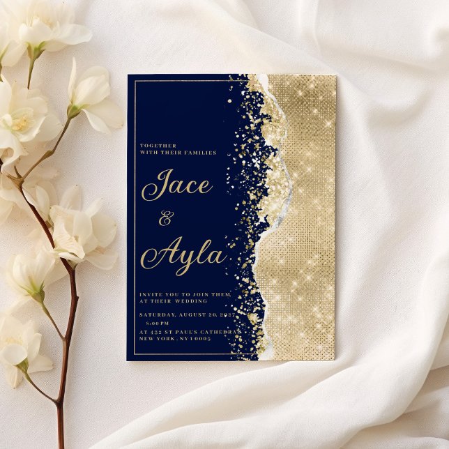 Convites Casamento luxuoso e sofisticado com brilho dourado (Classy luxury navy blue gold glitter Wedding )