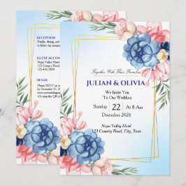 Convites Casamento Luxuoso em Azul Poeirento e Rosa Bege