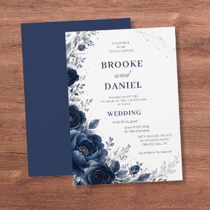 Convites Casamento Luxuoso em Crescente Floral Azul Marinho