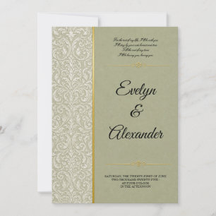 Convites Casamento Luxuoso em Verde Sage Damasco Dourado