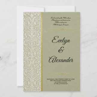 Convites Casamento Luxuoso em Verde Sage Damasco Dourado