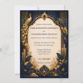 Convites Casamento luxuoso gatsby pavão dourado marinho