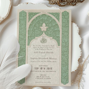 Convites Casamento Luxuoso Islâmico em Renda Verde Sage