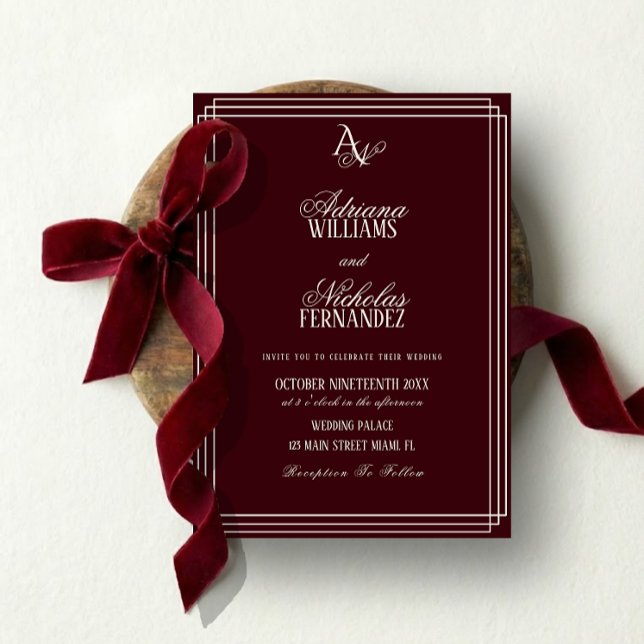 Convites Casamento Luxuoso Monograma Borgonha (Criador carregado)