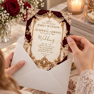 Convites Casamento Luxuoso Ouro com Renda Burgundy Vitorian