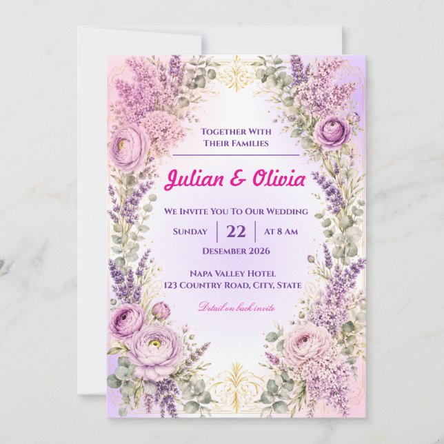 Convites Casamento Luxuoso Roxo Lavanda e Ranunculus  (Frente)