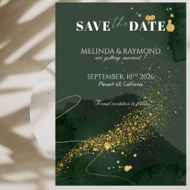 Convites Casamento Luxuoso Save the Date em Dourado e Verde