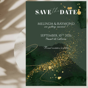 Convites Casamento Luxuoso Save the Date em Dourado e Verde